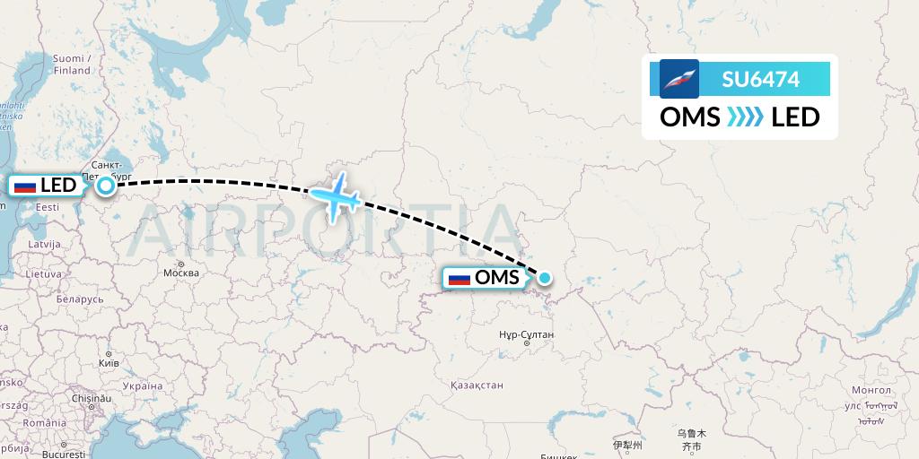 SU6474 Aeroflot Flight Map: Omsk to St. Petersburg