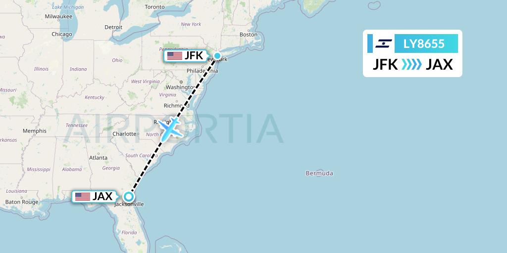 LY8655 El Al Flight Map: New York to Jacksonville