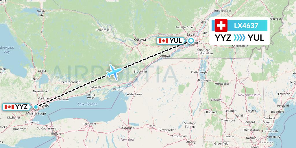 LX4637 Swiss Flight Map: Toronto to Montreal
