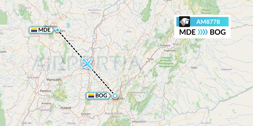 AM8778 Aeromexico Flight Map: Medellin to Bogota