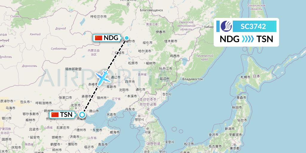 SC3742 Shandong Airlines Flight Map: Qiqihar to Tianjin