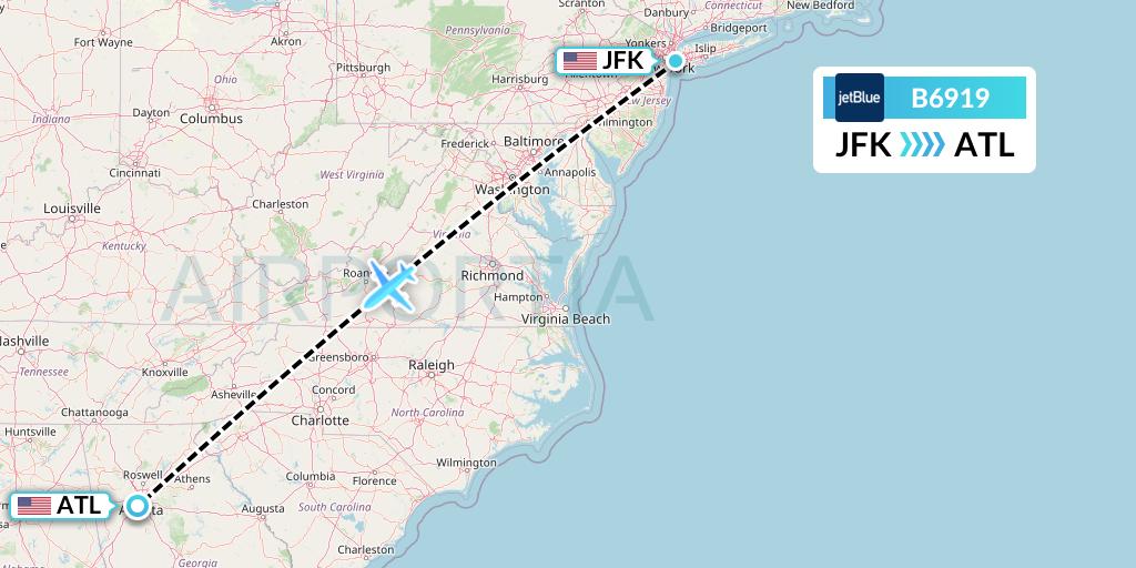 B6919 JetBlue Airways Flight Map: New York to Atlanta