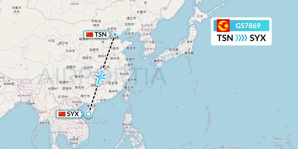 GS7869 Tianjin Airlines Flight Map: Tianjin to Sanya