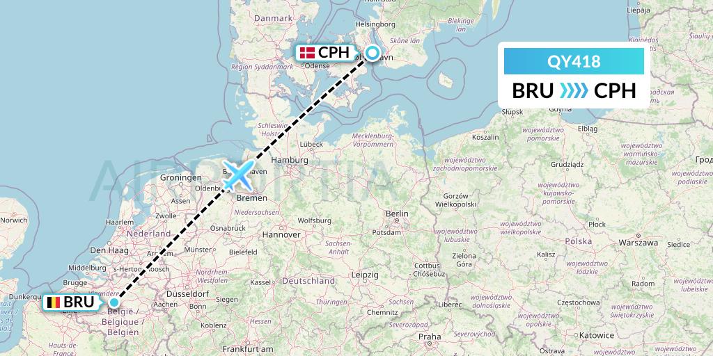 QY418 European Air Transport Flight Map: Brussels to Copenhagen