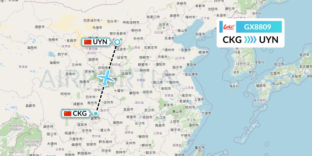 GX8809 GX Airlines Flight Map: Chongqing to Yulin