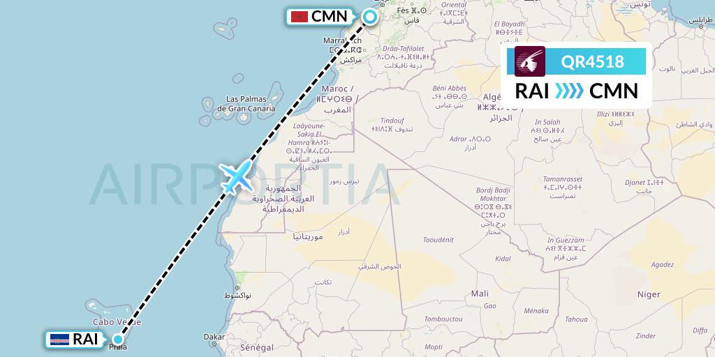 QR4518 Qatar Airways Flight Map: Praia to Casablanca