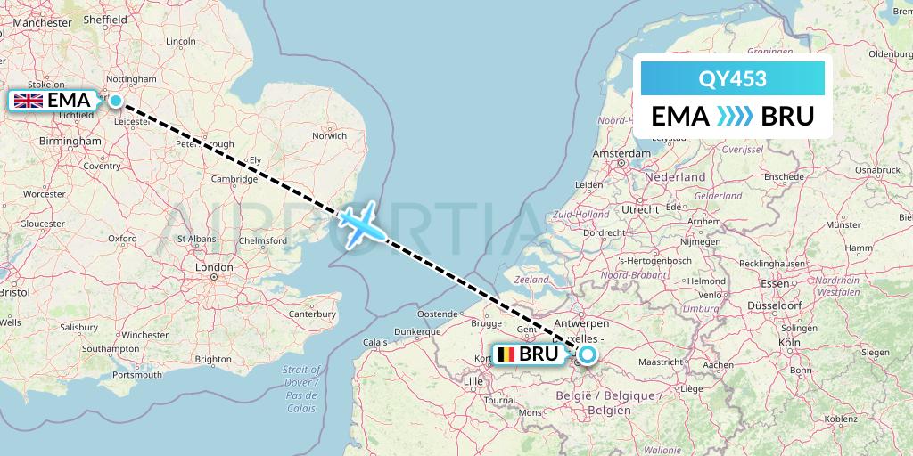 QY453 European Air Transport Flight Map: East Midlands to Brussels