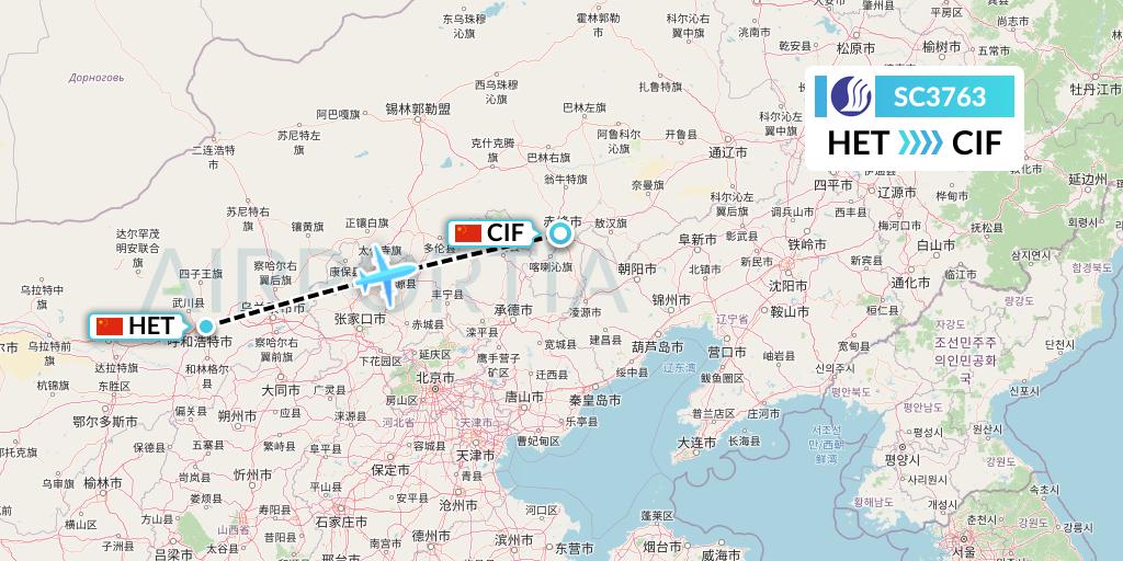 SC3763 Shandong Airlines Flight Map: Hohhot to Chifeng