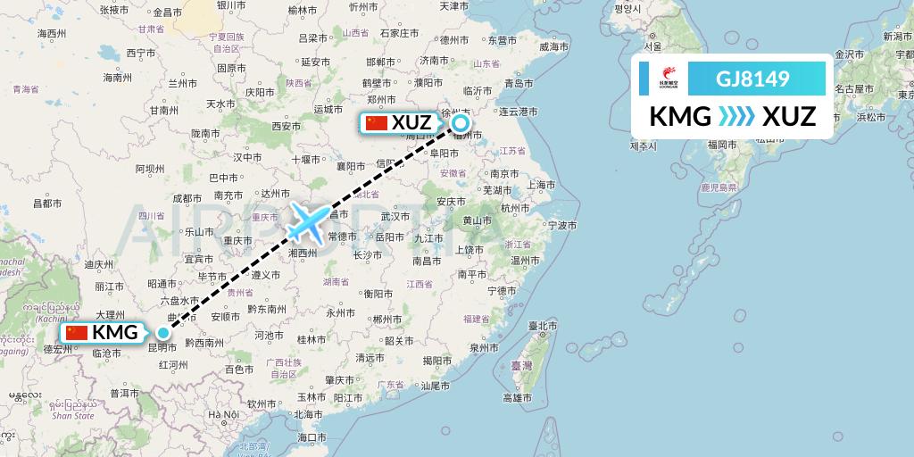 GJ8149 Loong Airlines Flight Map: Kunming to Xuzhou