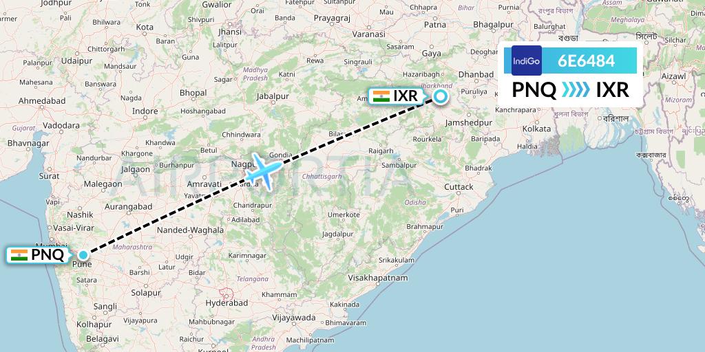 6E6484 IndiGo Airlines Flight Map: Pune to Ranchi