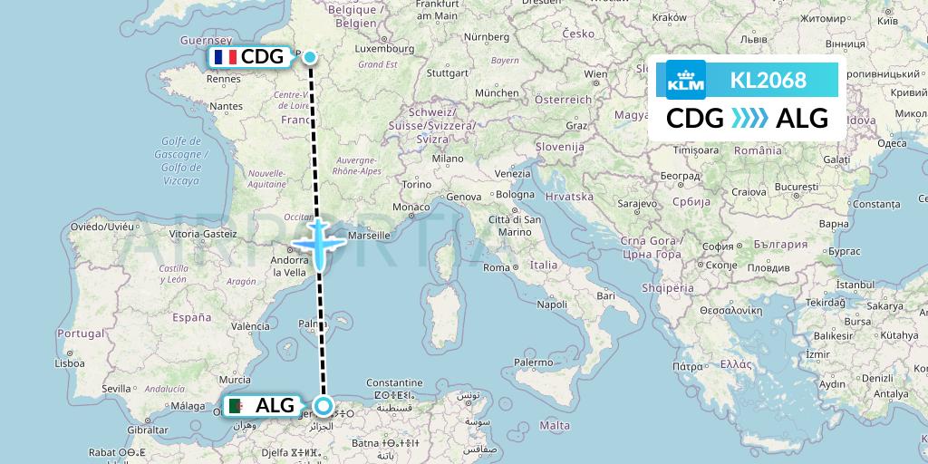 KL2068 KLM Flight Map: Paris to Algiers
