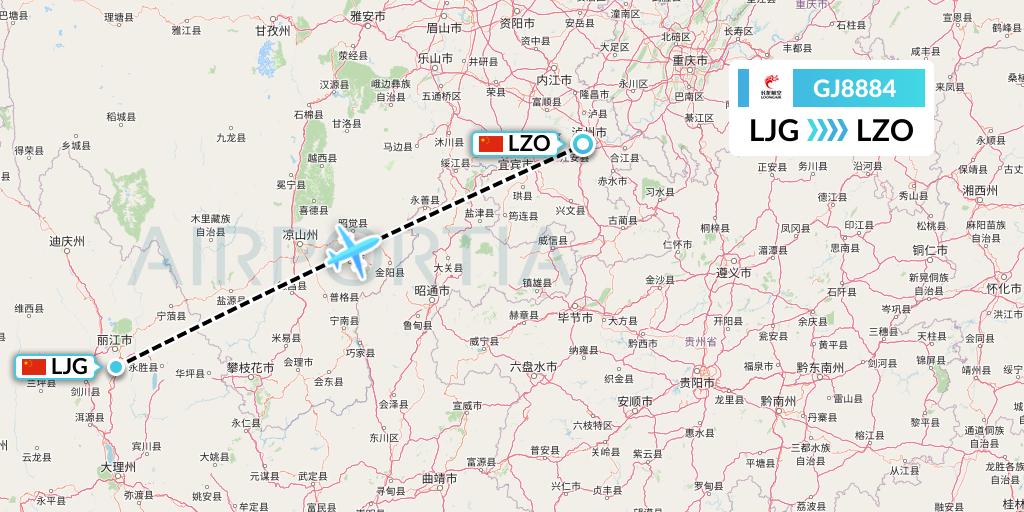 GJ8884 Loong Airlines Flight Map: Lijiang to Luzhou