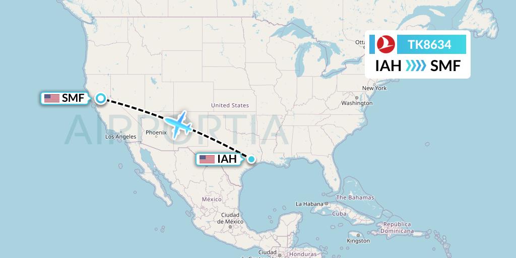TK8634 Turkish Airlines Flight Map: Houston to Sacramento