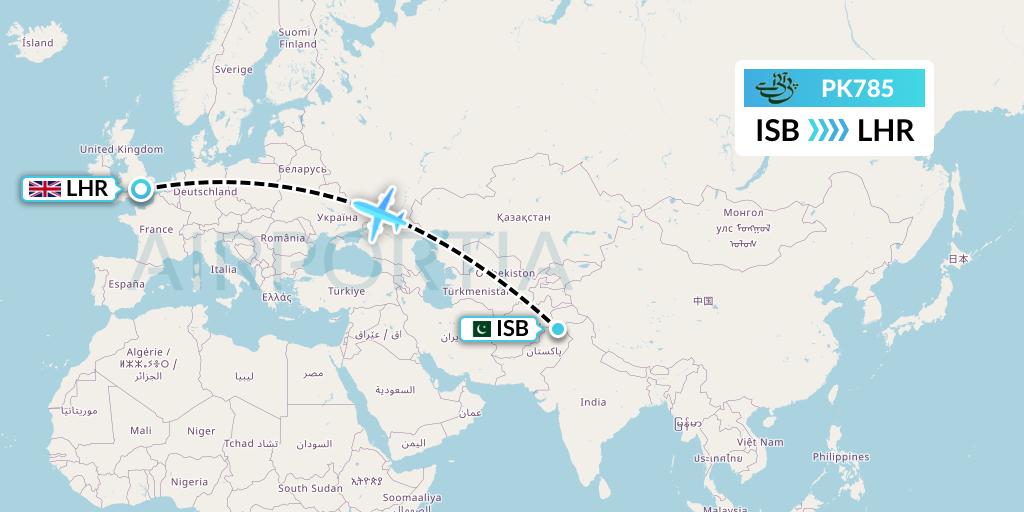 PK785 Pakistan International Airlines Flight Map: Islamabad to London