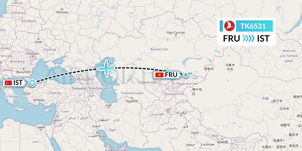 TK6531 Turkish Airlines Flight Map: Bishkek to Istanbul
