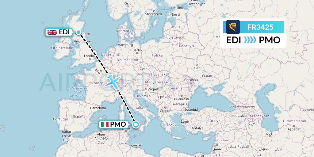 FR3425 Ryanair Flight Map: Edinburgh to Palermo