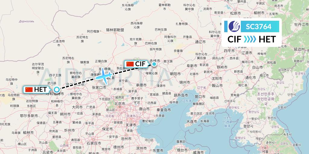 SC3764 Shandong Airlines Flight Map: Chifeng to Hohhot