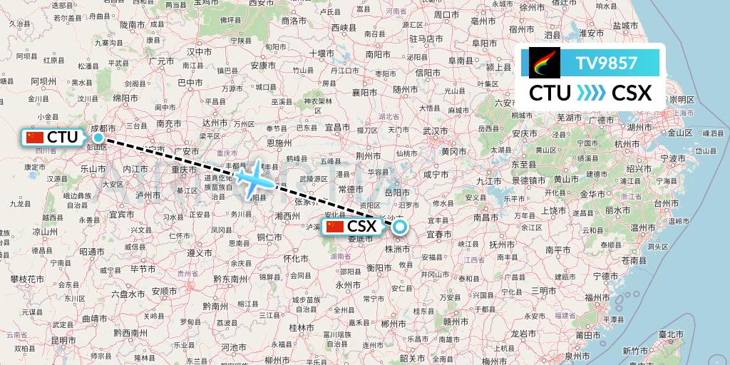 TV9857 Tibet Airlines Flight Map: Chengdu to Changsha
