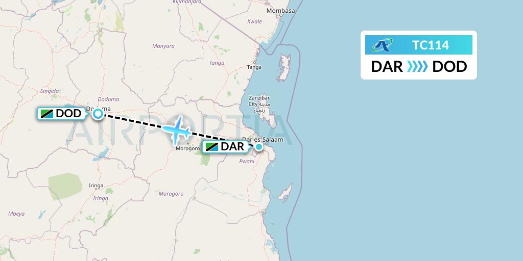 TC114 Air Tanzania Flight Map: Dar-es-Salaam to Dodoma
