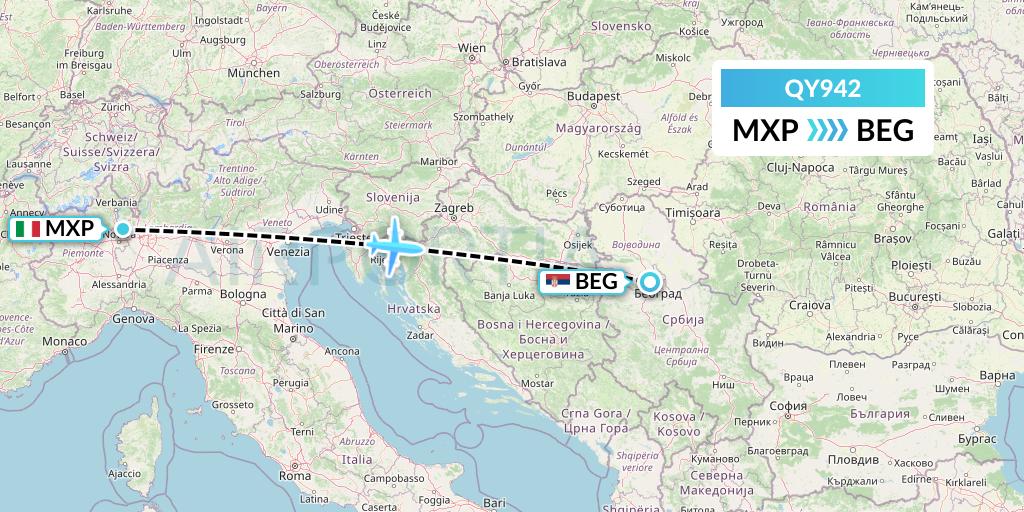 QY942 European Air Transport Flight Map: Milan to Belgrade