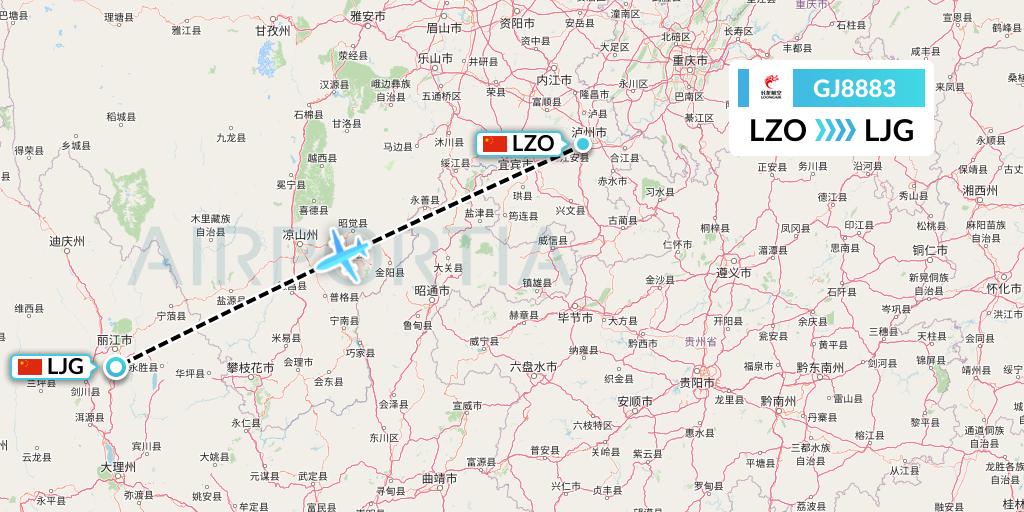 GJ8883 Loong Airlines Flight Map: Luzhou to Lijiang