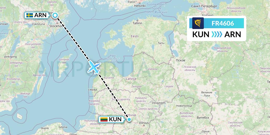 FR4606 Ryanair Flight Map: Kaunas to Stockholm