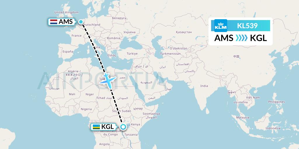 KL539 KLM Flight Map: Amsterdam to Kigali
