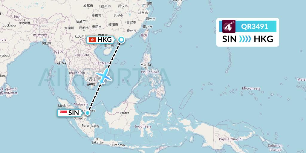 QR3491 Qatar Airways Flight Map: Singapore to Hong Kong