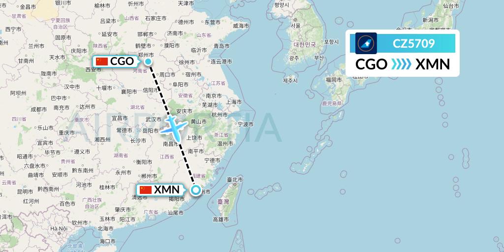 CZ5709 China Southern Airlines Flight Map: Zhengzhou to Xiamen