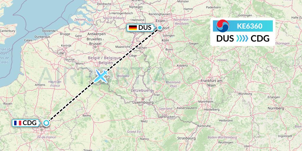 KE6360 Korean Air Flight Map: Dusseldorf to Paris
