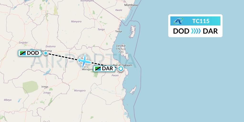 TC115 Air Tanzania Flight Map: Dodoma to Dar-es-Salaam