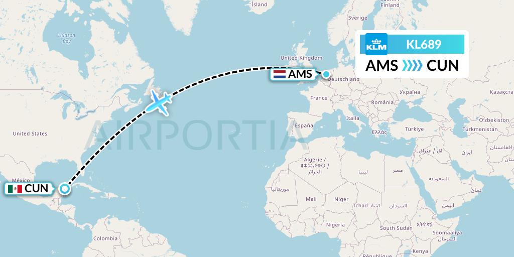 KL689 KLM Flight Map: Amsterdam to Cancun