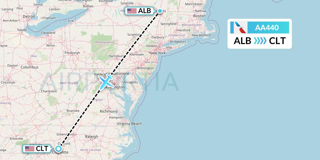 AA440 American Airlines Flight Map: Albany to Charlotte
