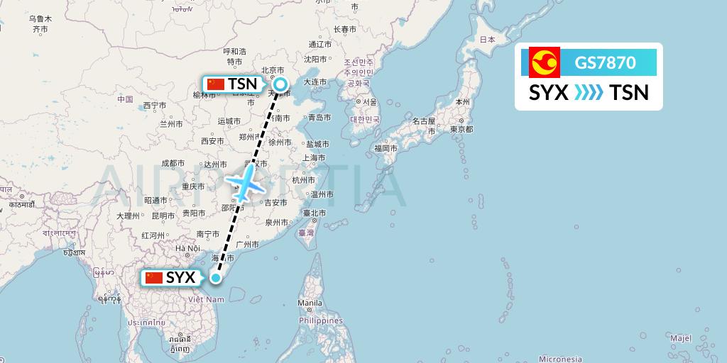 GS7870 Tianjin Airlines Flight Map: Sanya to Tianjin