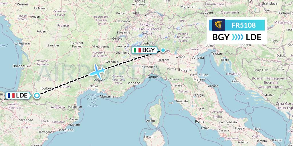 FR5108 Ryanair Flight Map: Milan to Tarbes
