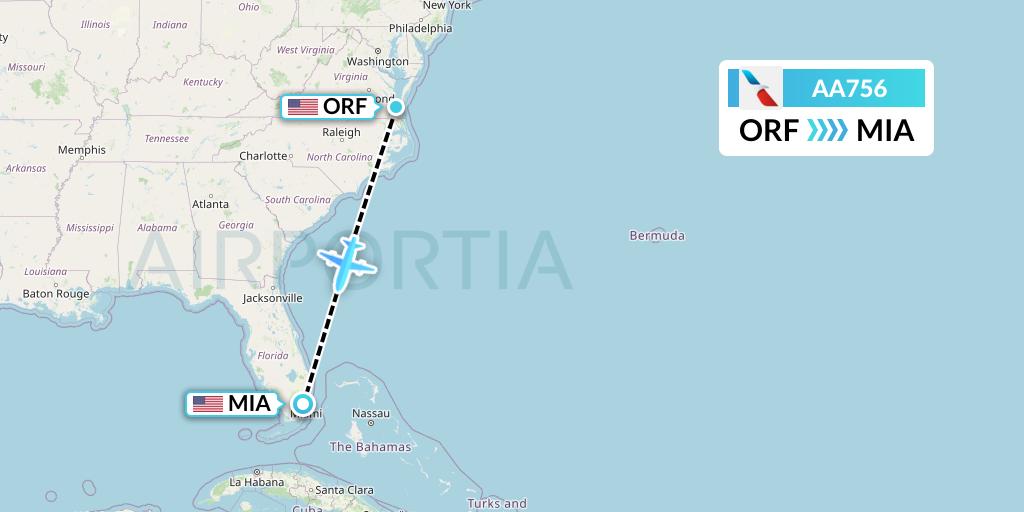 AA756 American Airlines Flight Map: Norfolk to Miami