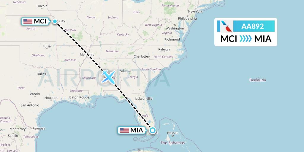 AA892 American Airlines Flight Map: Kansas City to Miami