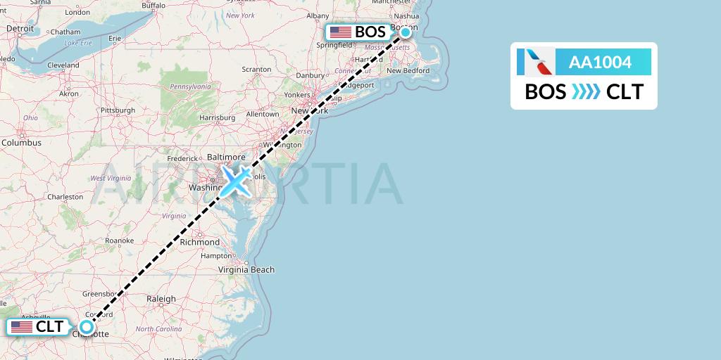 AA1004 American Airlines Flight Map: Boston to Charlotte