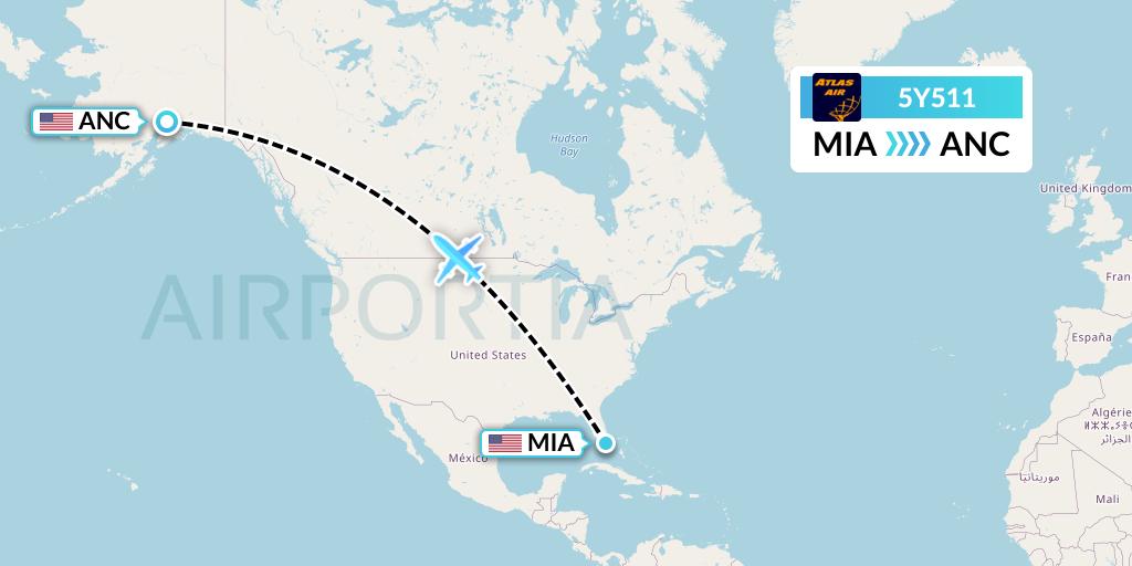 5Y511 Atlas Air Flight Map: Miami to Anchorage