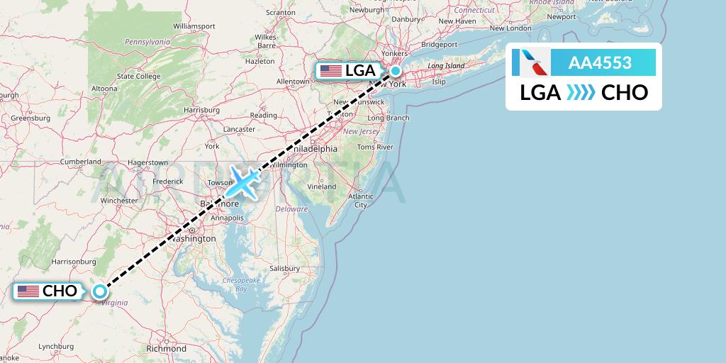 AA4553 American Airlines Flight Map: New York to Charlottesville