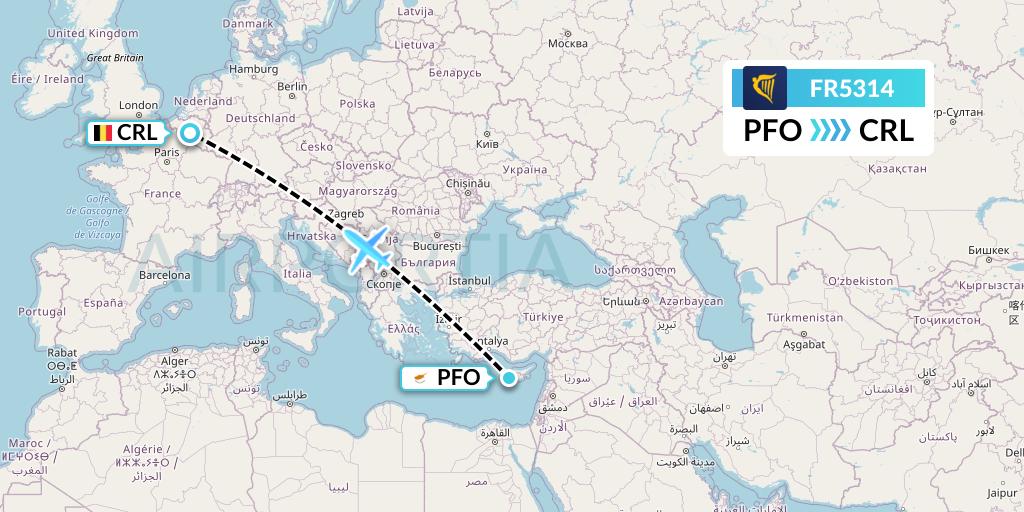 FR5314 Ryanair Flight Map: Pafos to Brussels