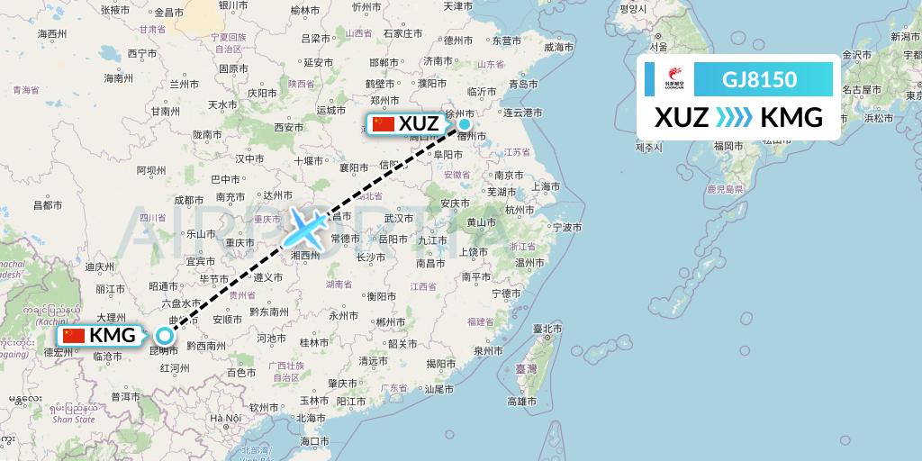 GJ8150 Loong Airlines Flight Map: Xuzhou to Kunming