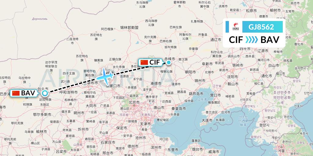 GJ8562 Loong Airlines Flight Map: Chifeng to Baotou