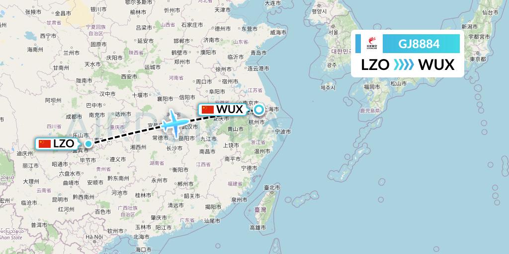 GJ8884 Loong Airlines Flight Map: Luzhou to Wuxi