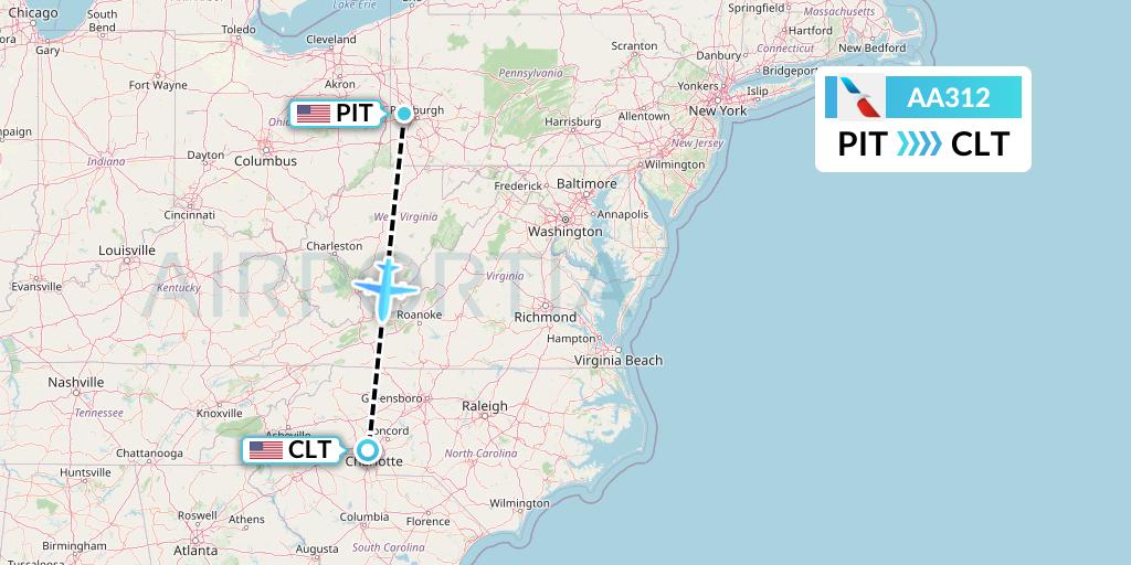 AA312 American Airlines Flight Map: Pittsburgh to Charlotte