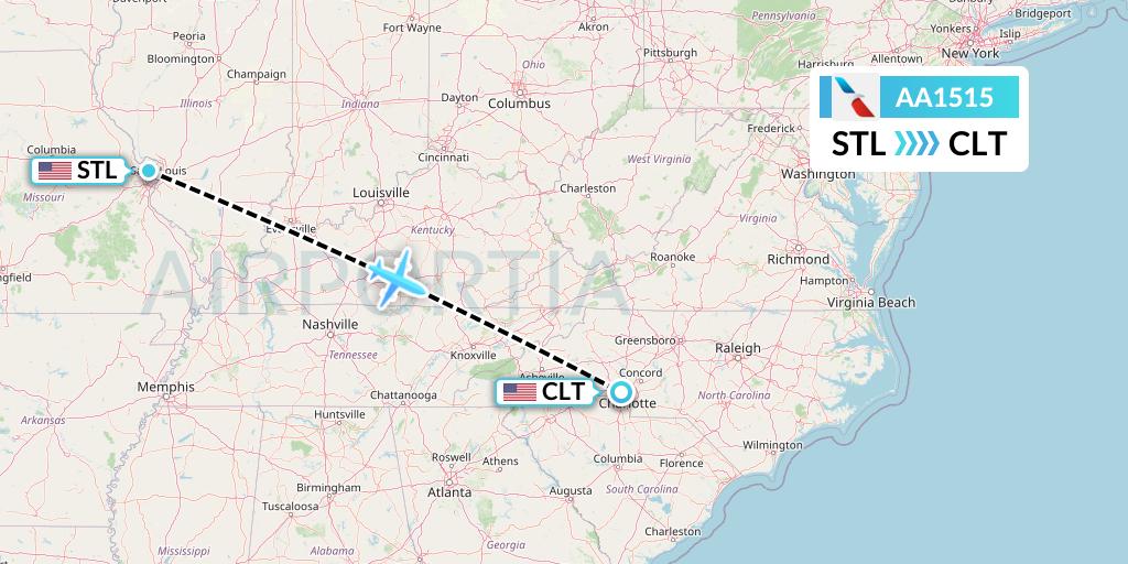AA1515 American Airlines Flight Map: St. Louis to Charlotte