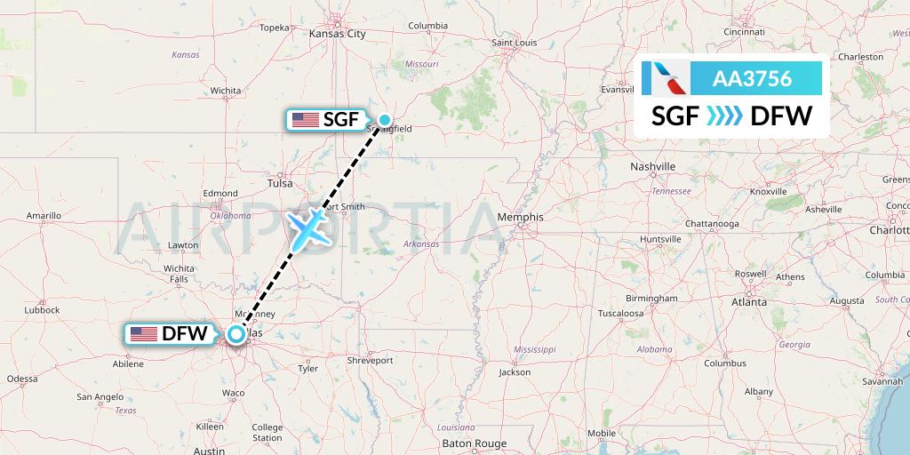 AA3756 American Airlines Flight Map: Springfield to Dallas