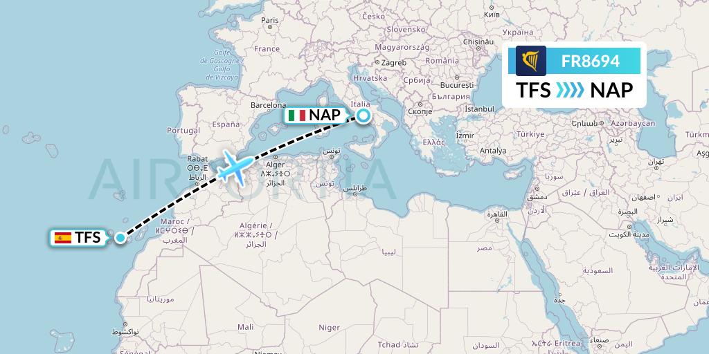 FR8694 Ryanair Flight Map: Tenerife to Naples