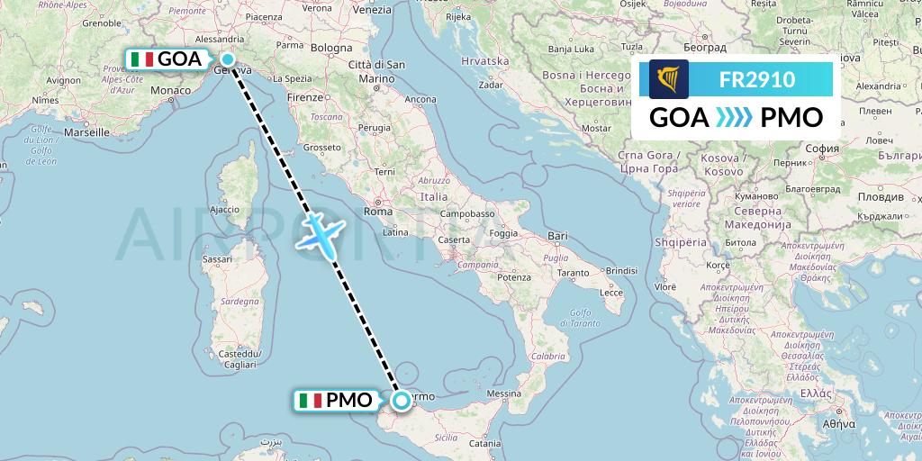 FR2910 Ryanair Flight Map: Genoa to Palermo
