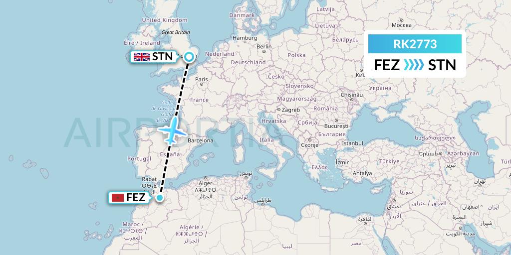 RK2773 Ryanair UK Flight Map: Fes to London
